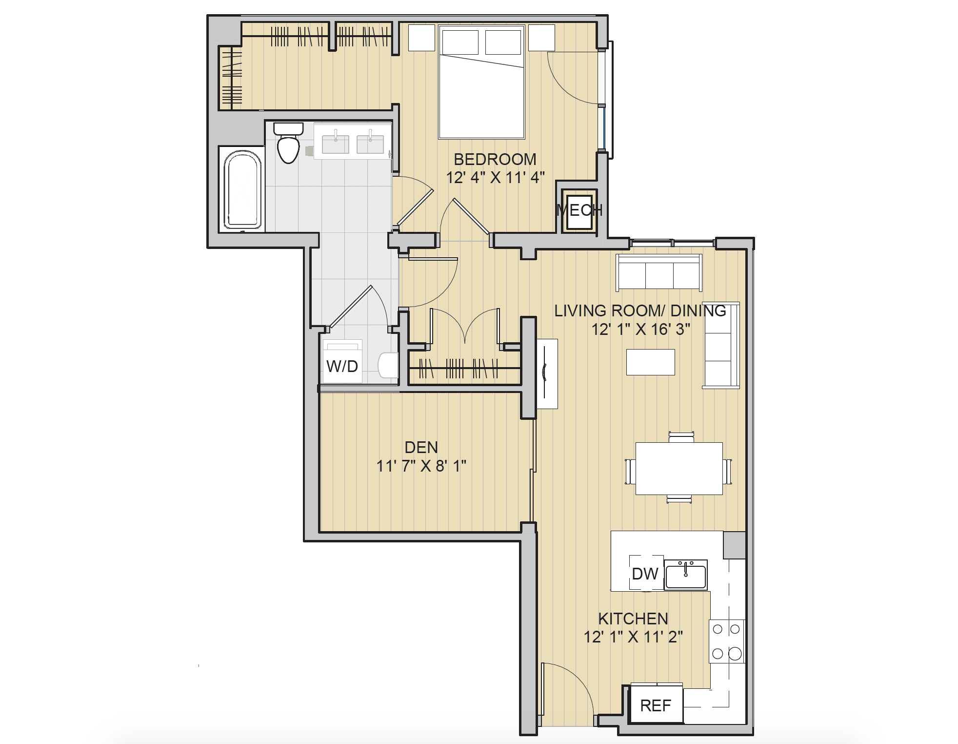 Floor plan for 1 bed, 1 bath, 825 sqft